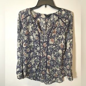 Lucky Brand Blue Fall Floral Shirt Blouse Boho Peasant Women's Size Small